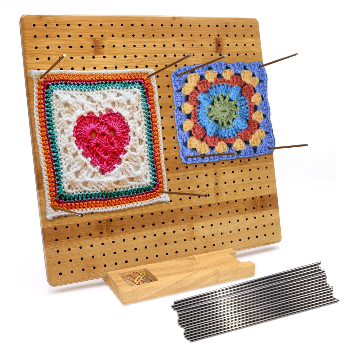 Iswabard 13x13 Inch Blocking Mats Blocking Board for Crocheting with 15 Stainless Steel Rods Crochet Blocking Board Large Base Bamboo Granny Square (Bamboo-C13‘’) Iswabard