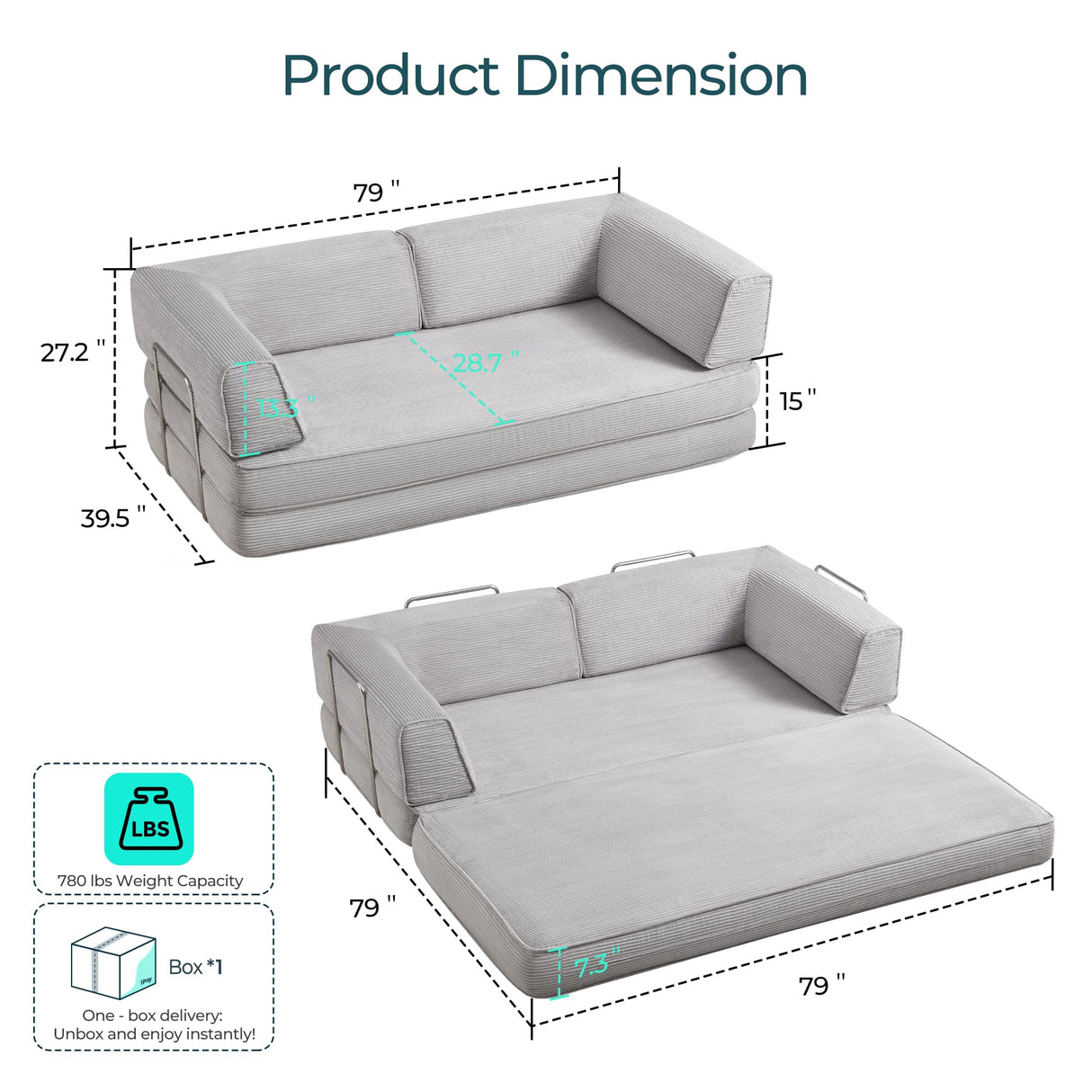 LINSY HOME 79'' Convertible Sofa Bed - Boneless Compression Sofa Folding Loveseat Sleeper - Foldable Corduroy Couch Bed for Living Room Bedroom - Modular Sectional Compressed Sofa in Box, Grey LINSY HOME