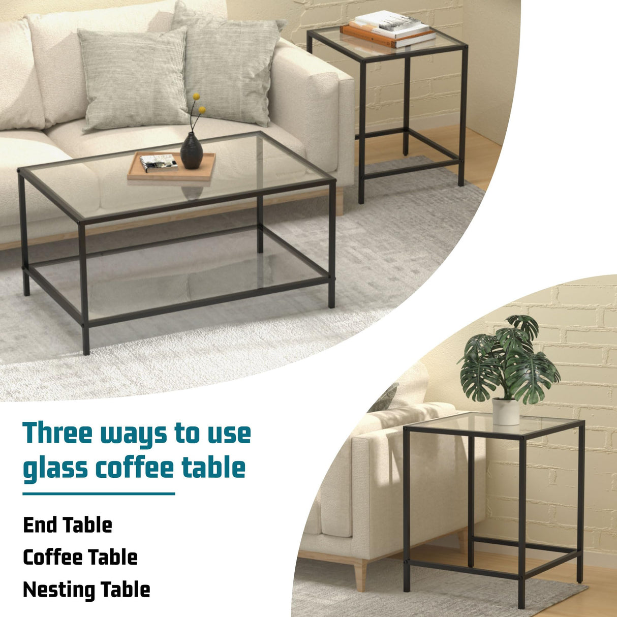 Nesting Coffee Table,Small Glass Coffee Table Set of 2,Black Modern Square Sofa Side Tea Table for Living Room,Bedroom and Small Spaces,2 Tier Tempered Glass with Sturdy Metal Frame, Easy Assembly Adompacat