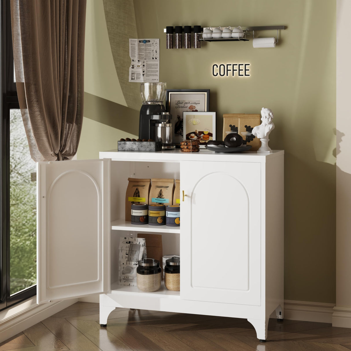 TIMELESS PIECES Coffee Bar Cabinet,Kitchen Storage Cabinet,Buffet Cabinet with Storage and Adjustable Shelf,White Sideboard Buffet Cabinets for Living Room TIMELESS PIECES
