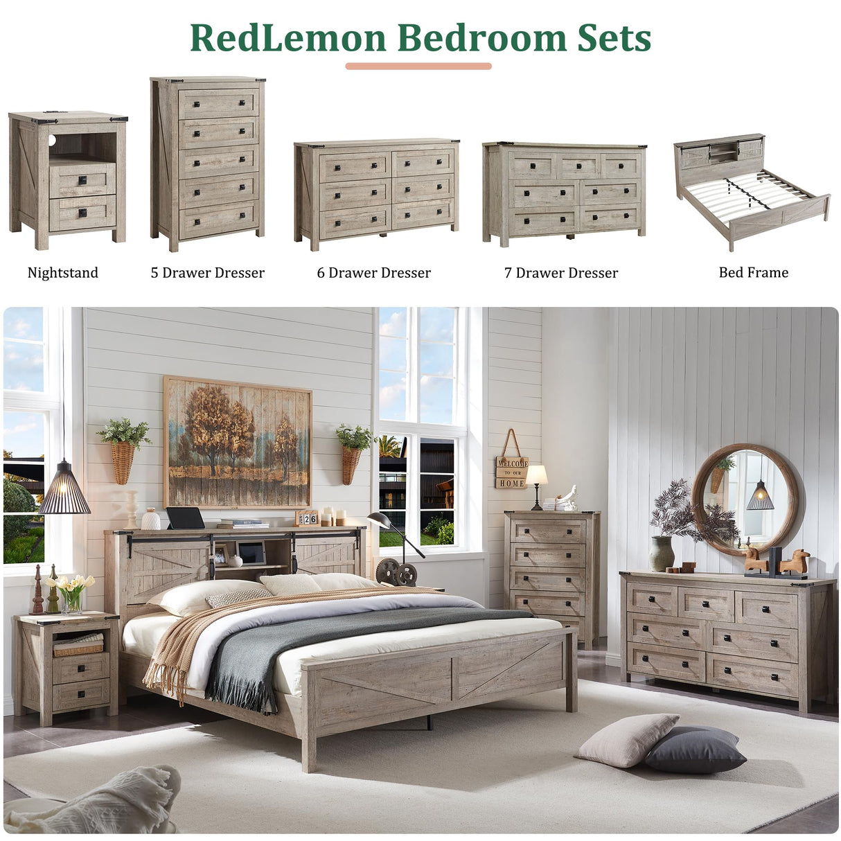 RedLemon 7 Drawer Dresser for Bedroom, Farmhouse 54" Wide Rustic Wood Dresser TV Stand, Dresser Chest of Drawers for Closet, Living Room, Hallway, Light Rustic Oak RedLemon