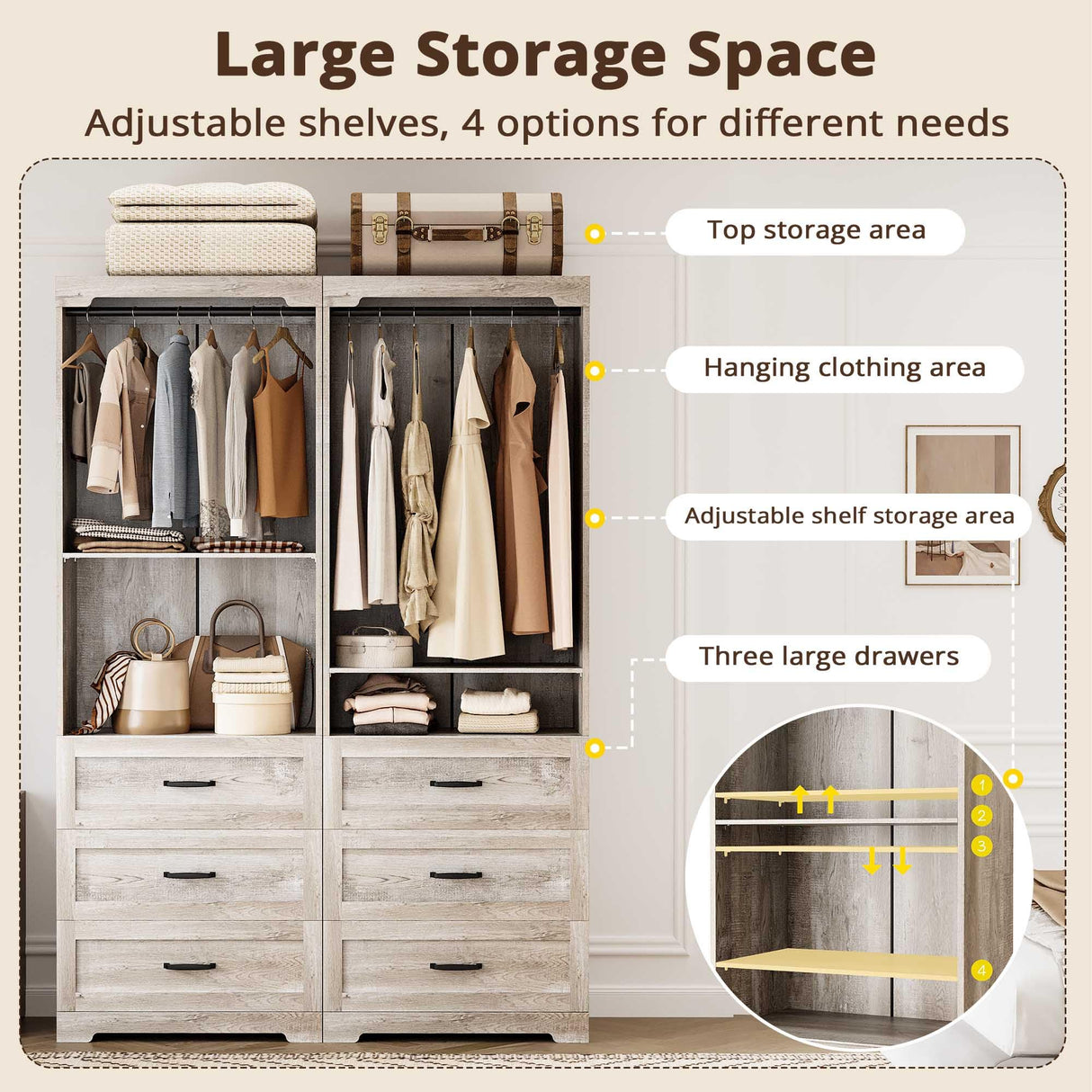 IRONCK Freestanding Closet System with 3 Wood Drawers, Modern Armoire Wardrobe with Adjustable Shelves & Hanging Rod, Walk-in Closet Systems Organizer, Rustic Maple IRONCK