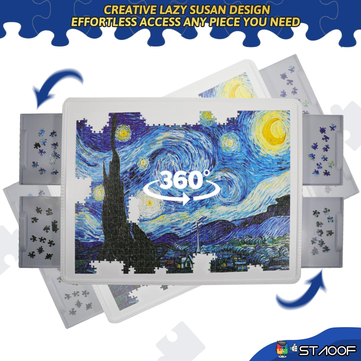 STAOOF Puzzle Board, 1500 Pieces Plastic Rotating Puzzle Table with Drawers and Cover - 35" x 27" Portable Jigsaw Puzzle Board for Adults - Puzzle Tray Accessories - Lazy Susan Spinning Puzzle Boards STAOOF