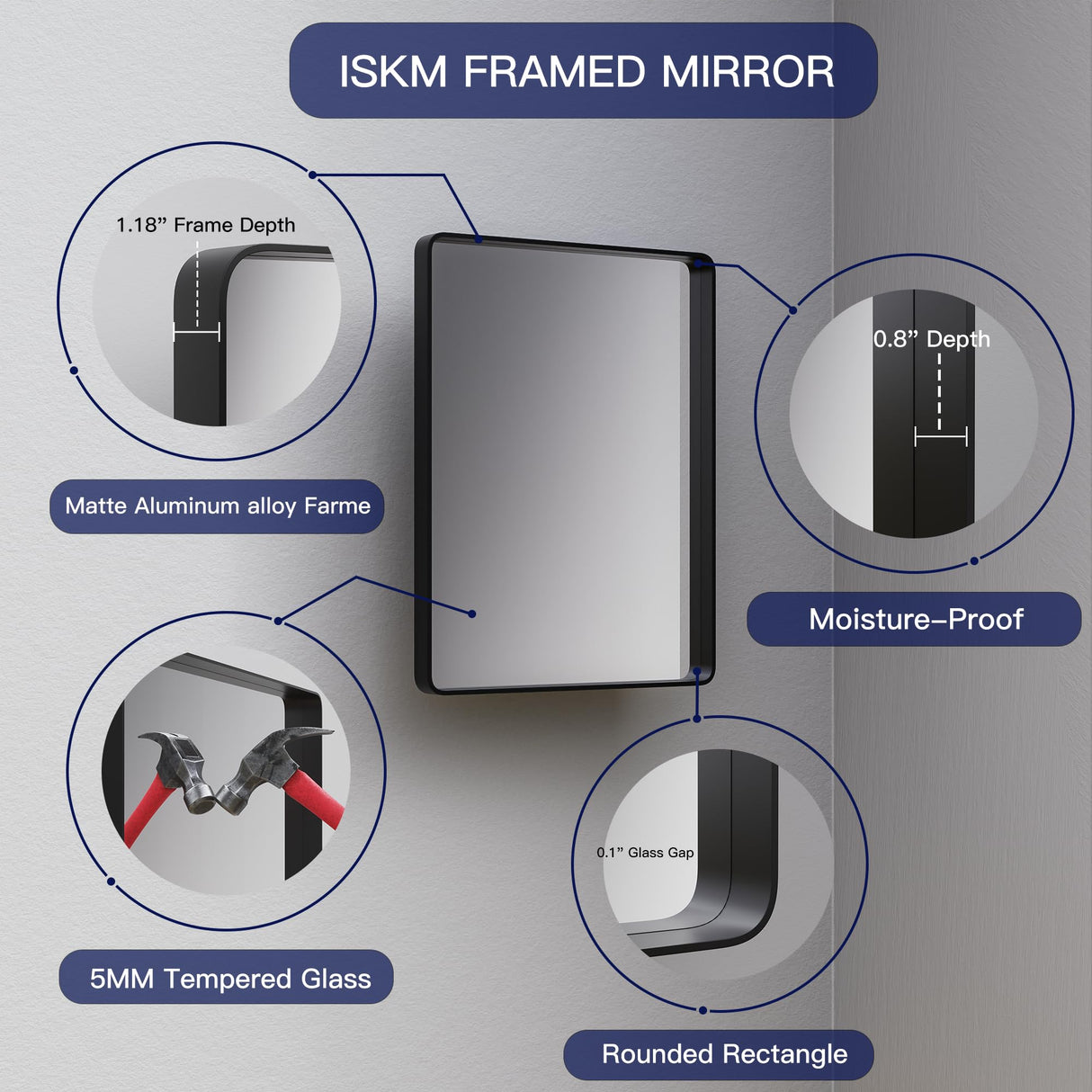 ISKM Black Bathroom Mirror for Wall 48" x 32" Matte Black Framed Vanity Mirror Anti-Rust Tempered Glass Hangs Horizontal or Vertical ISKM