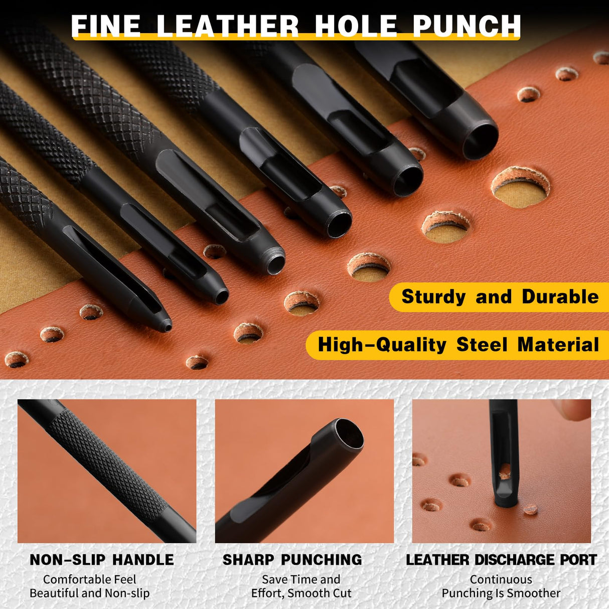 Leather Stitching Punch Leather Hole Punch Tool Set, 4mm 1/2/4/6 Prong Punch Leather Chisel, Round Leather Hole Punch for Leather Belt, Watch Band, Leather Strap DIY Leather Crafts MORFEN