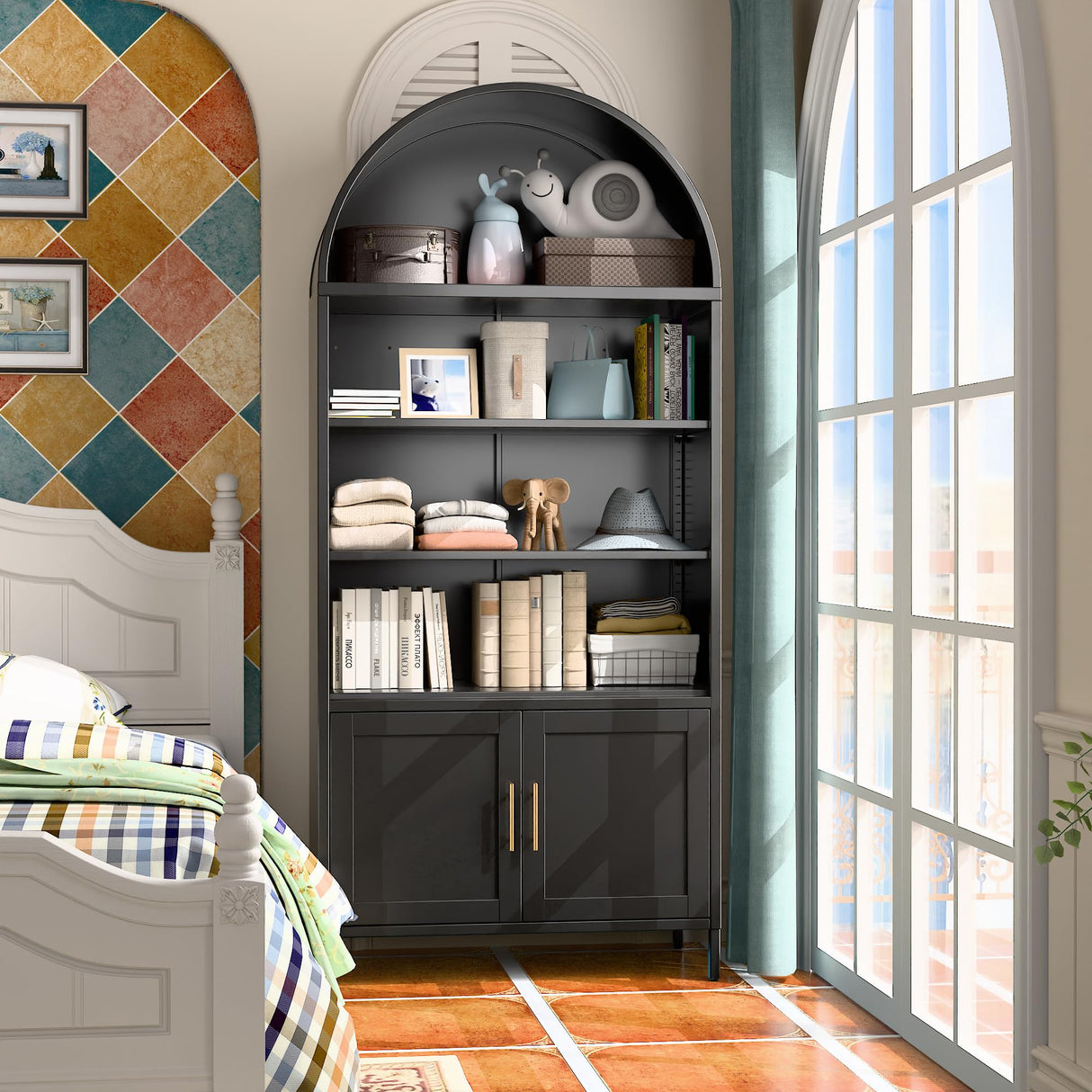 VEXPOR 79 in Tall Metal Arched Bookcase, 6-Tier Arched Bookcase with Doors, Modern Farmhouse Bookshelf with 3 Adjustable Shelves, Pantry Display Cabinet for Living Room, Black, Assembly Required VEXPOR