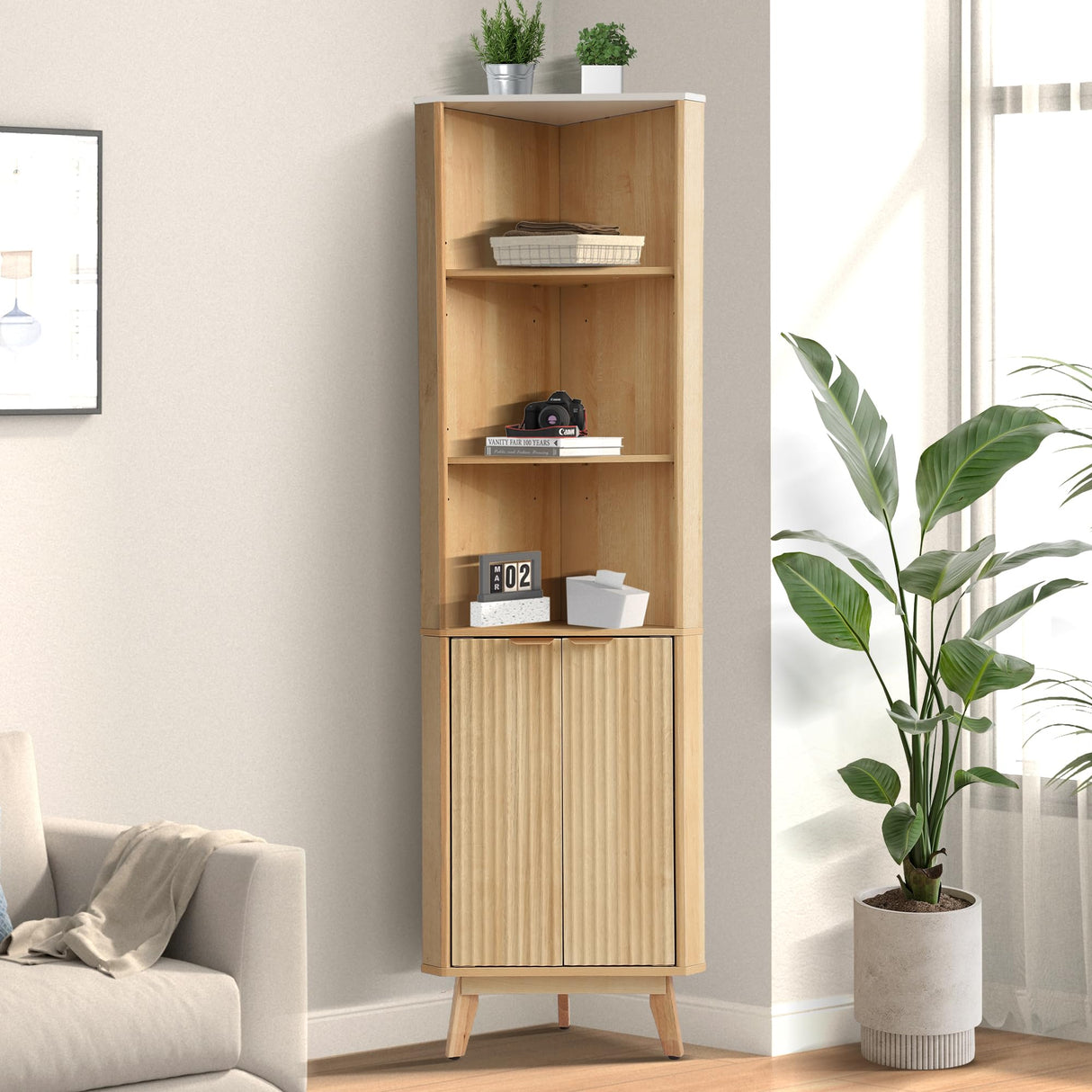 Grepatio Fluted Corner Cabinet, 68" Tall Corner Storage Cabinet with 2 Door & 4 Adjustable Shelves, Freestanding Bathroom Shelf, Faux Marble Top, Curved Profile Design for Bathroom, Kitchen Grepatio