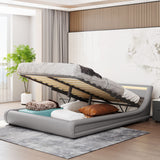 Upholstered Faux Leather Hydraulic Storage Bed with LED Light Headboard - Queen Size, Grey WoodArtSupply