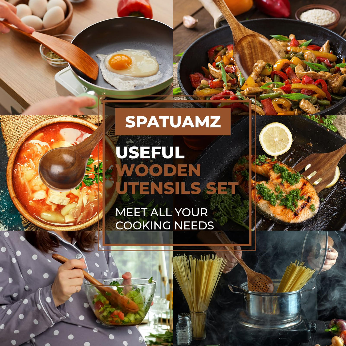 Wooden Cooking Spoons, Ladle and Spatula, Fine Polished Teak Wood Cooking Utensils Set, Nonstick Wooden Kitchen Spoon & Spatula Set(6Pcs) SPATUAMZ