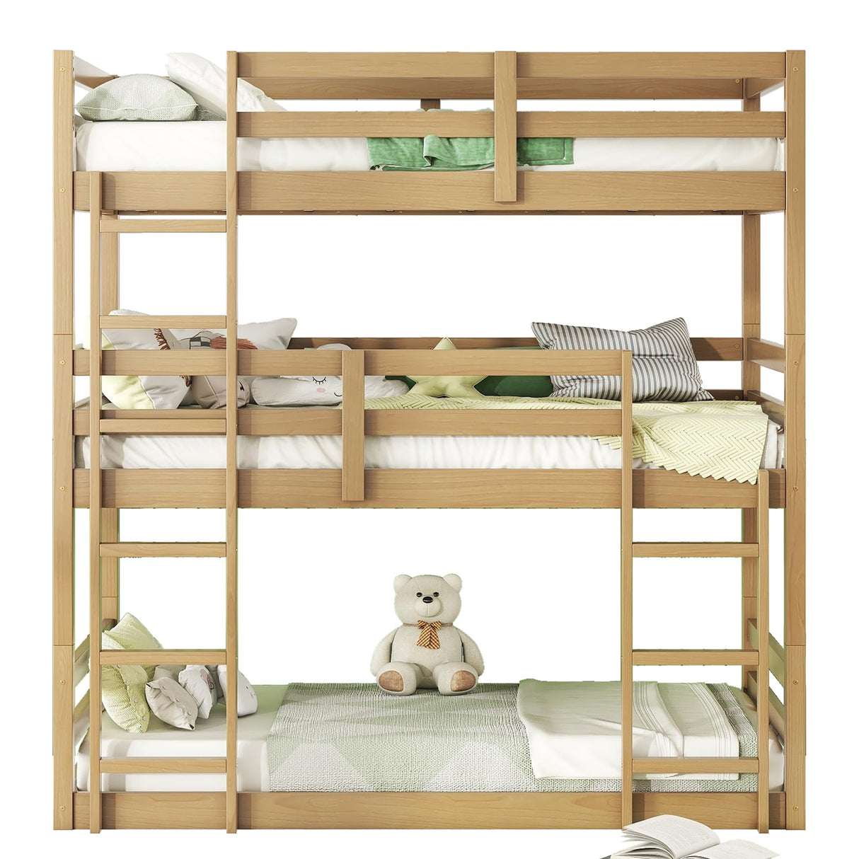 Twin Over Twin Over Twin Triple Bunk Bed for Kids,3 Bed Bunk Beds for 3,Solid Wood Twin Size Triple Bunk Bed with Two Built-in Ladders,Detachable Triple Bunk Beds,Natural Bellemave