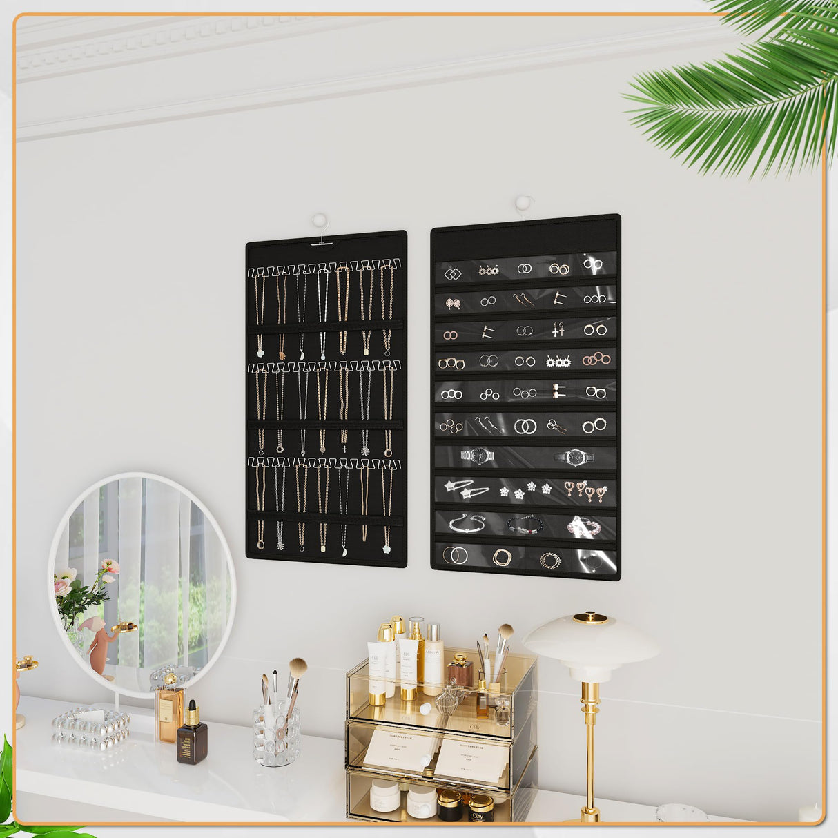 Bosuelife Hanging Jewelry Organizer Storage Roll, Double-Sided Necklaces Holder, 42 Pockets Plus 36 hooks Earrings Organizer Hang in Closet, On Wall, or Doors, Black Bosuelife