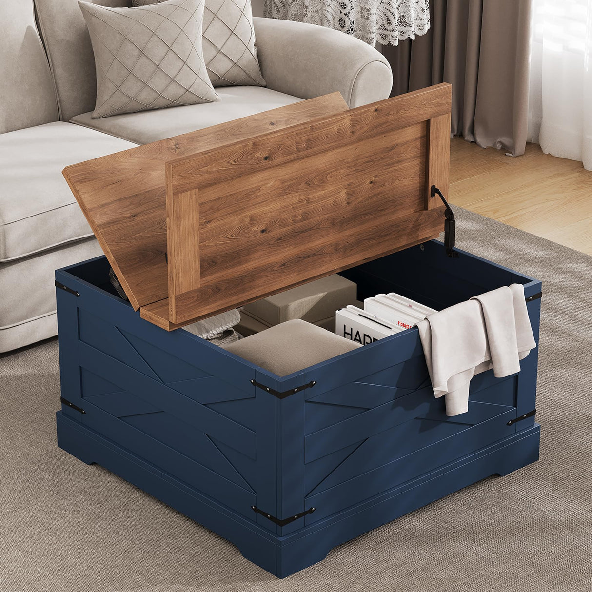 BestHaped Farmhouse Coffee Table with Hidden Storage, Navy Blue Square Coffee Table for Living Room, Wood Large Center Table with Hinged Lift Top for Home, Office BestHaped