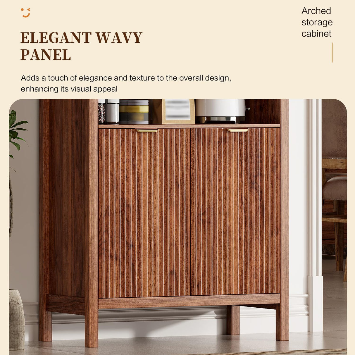 Ieejdn 71" Tall Arched Kitchen Pantry,Modern Fluted Wood Storage Cabinet with Doors,Adjustable Shelves,Organizer, Versatile Cupboard for Kitchen,Living Room,Dining Room,Bathroom,Walnut