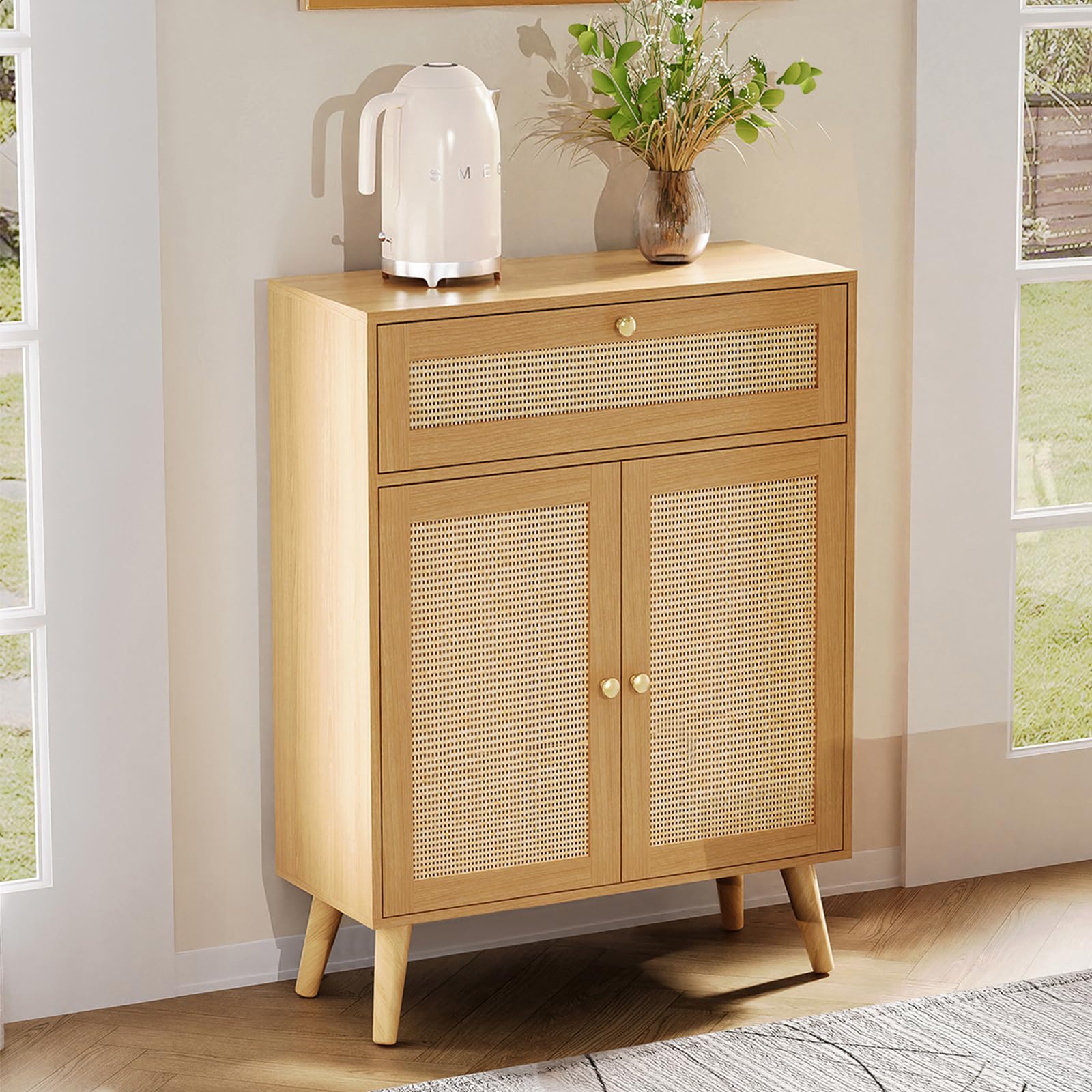 Iwell Storage Cabinet with Rattan Doors, Rattan Cabinet with Large Drawer & Adjustable Shelf, Accent Cabinet for Kitchen, Dining Room, Living Room, Entryway, Natural - WoodArtSupply