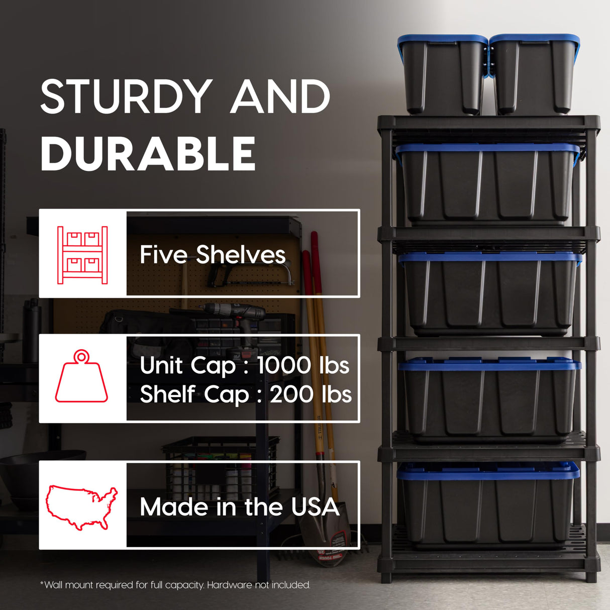 IRIS USA 5-Shelf Extra Heavy Duty Deep Plastic Storage Shelves, 1000lb Capacity, 75" H x 36" W x 24" D, Large Modular Shelving Unit Storage Organizer for Garage, Home, Warehouse & Gym, Rack - Black Iris Ohyama