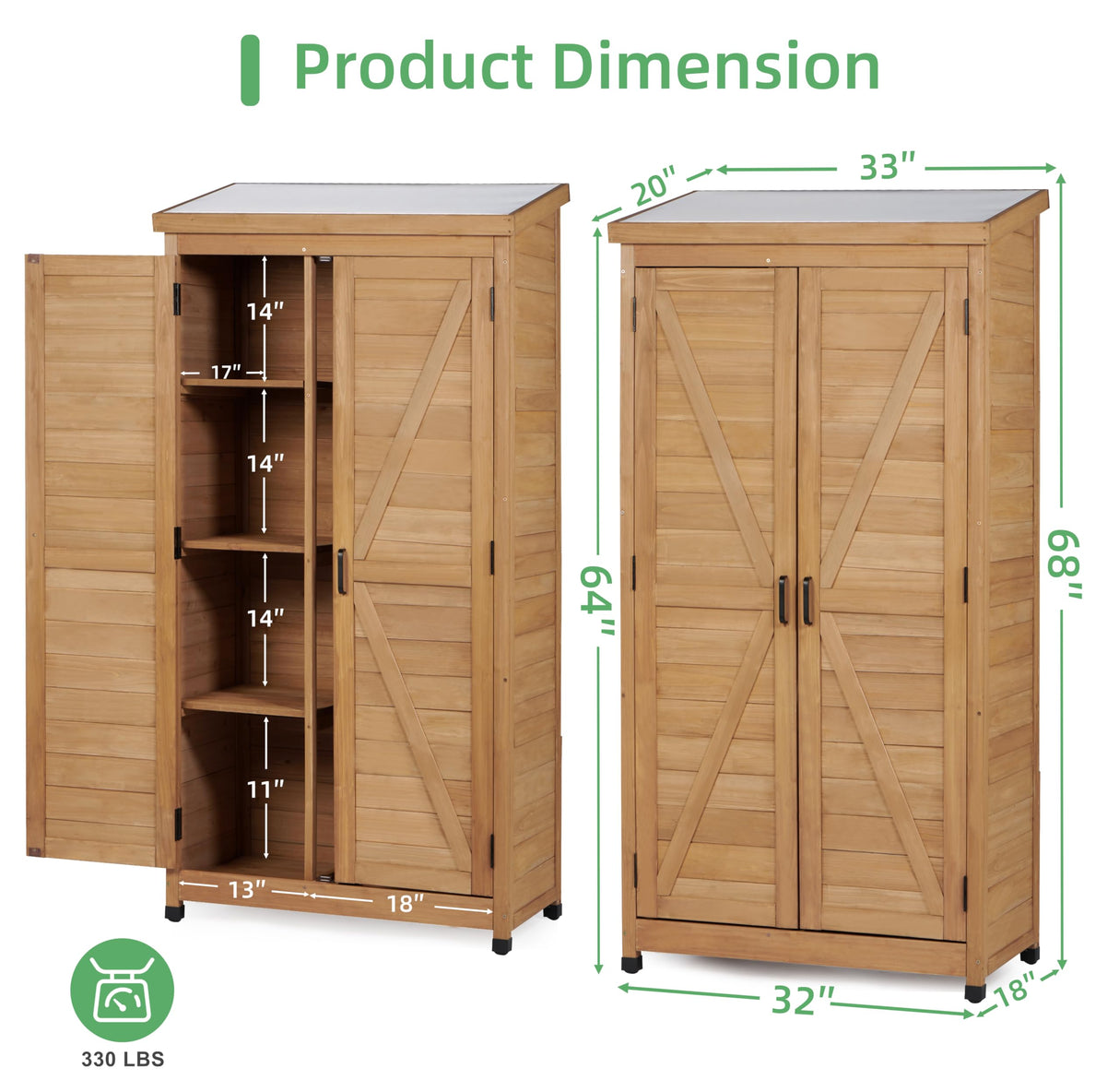 68''x33''x20'' Outdoor Wooden Storage Shed with Metal Top Tall Vertical Tool Cabinet for Backyard Garden Patio Lawn (Gold) Mederlo