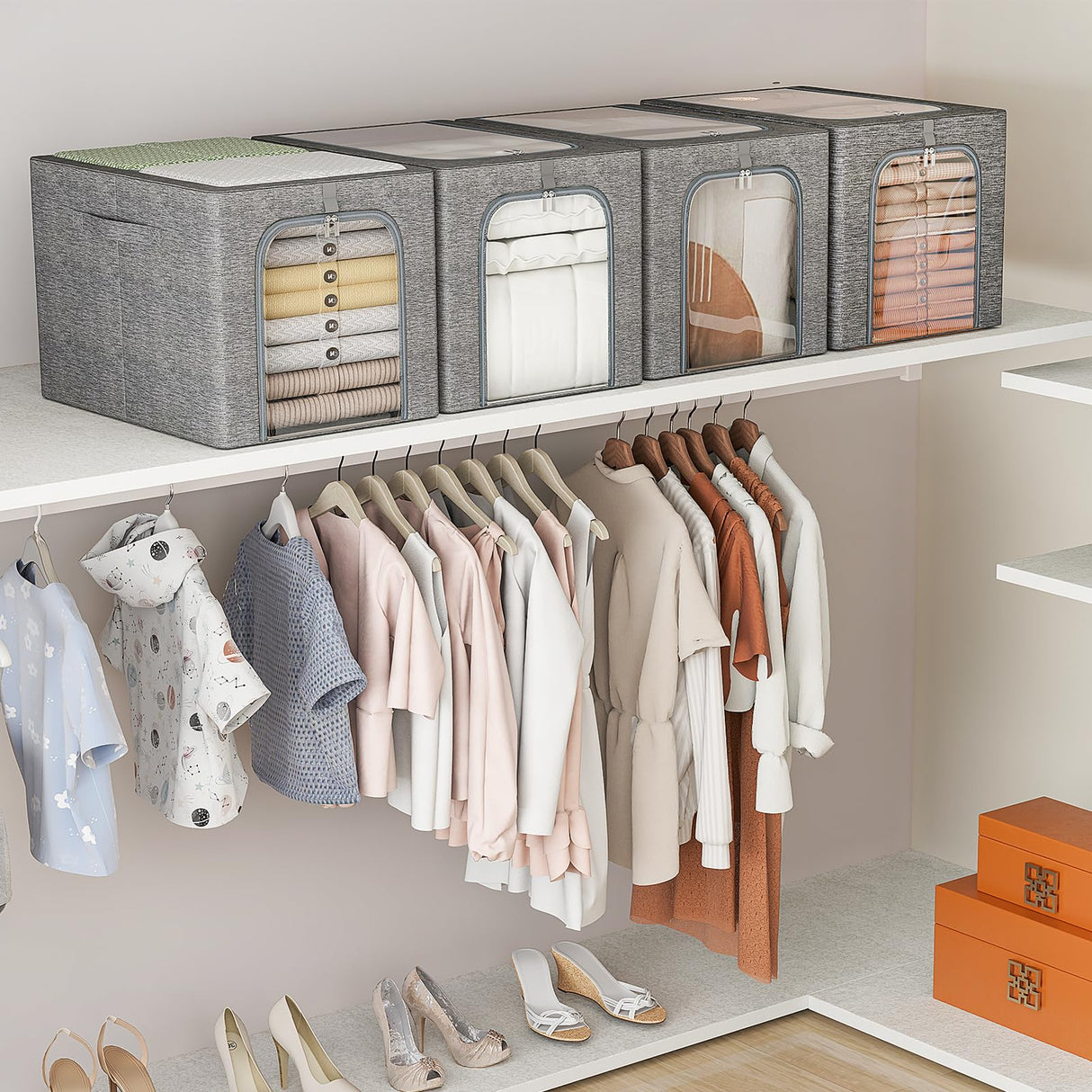 GoMaihe Clothes Storage Bin with Metal Frame: 6-Pack Stackable Closet Storage Bin with Lid & Clear Window, Sweater Boxes Storage for Closet Bedding Clothing Storage Organizer 40L GoMaihe