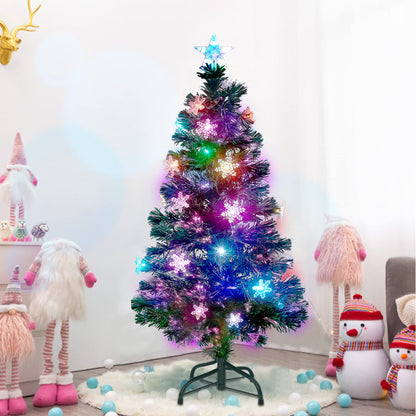 Juegoal 5 ft Pre-Lit Artificial Christmas Tree, Lighted Optical Fiber Xmas Trees with RGB Color Changing LED Lights, Snowflakes & Top Star, Festive Party Holiday Fake Multicolored Tree with Metal Legs