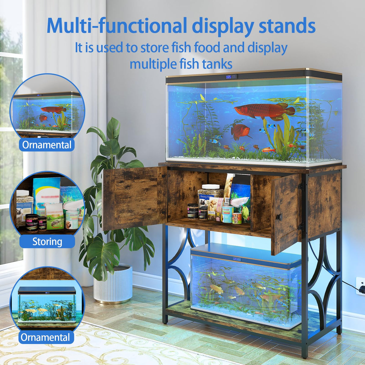 UVANIOHOM 20-29 Gallon Fish Tank Stand with Power Outlets & LED Light, Cabinet for Aquarium Stand Accessories Storage, Metal Fish Tank for Turtle Tank, 30.7" L*15.7" W Tabletop, 330LBS Capacity, Brown UVANIOHOM