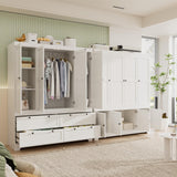 PLANNTONNEO Large White Wardrobe Closet with Drawers, Modular Closet System with Doors and Hanging Rods, Tall Large Armoire Ample Storage, Big Bedroom Armoires (8 Doors/White) PLANNTONNEO