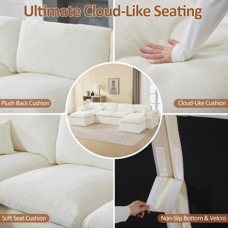 155''Cloud Boneless Sectional Couch, Modular Sectional Sofa Deep Seat with 2 Ottomans, Oversized Upholstered Convertible Comfy 6 Seater Chenille Sofa U Shape Couches for Living Room, Beige WUTUTUEE