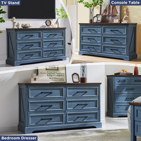 ACCOHOHO Farmhouse 6 Drawer Dresser for Bedroom, 52 Inch Wide Modern Dresser TV Stand with Large Drawers & Bar Handles, Rustic Wood Chest of Drawers for Bedroom, Living Room, Hallway, Blue ACCOHOHO