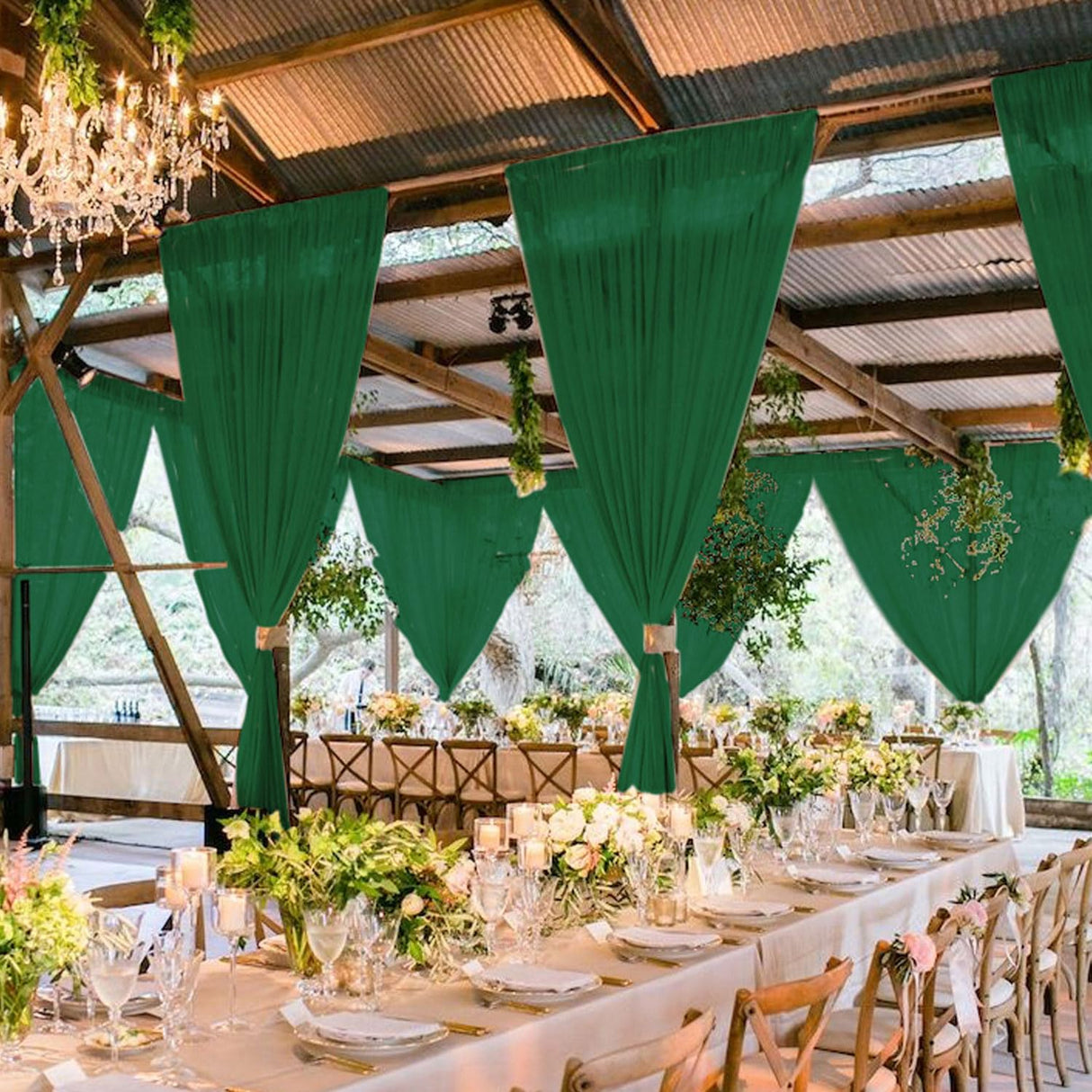 MODFUNS Ceiling Drapes for Parties Green Chiffon Ceiling Curtains 5x30FT 4 Panels Sheer Draping Fabric Tulle Curtain Drapery Elegant Arbor Ceiling Fabric for Bridal Baby Shower Party Tent Drapes MODFUNS