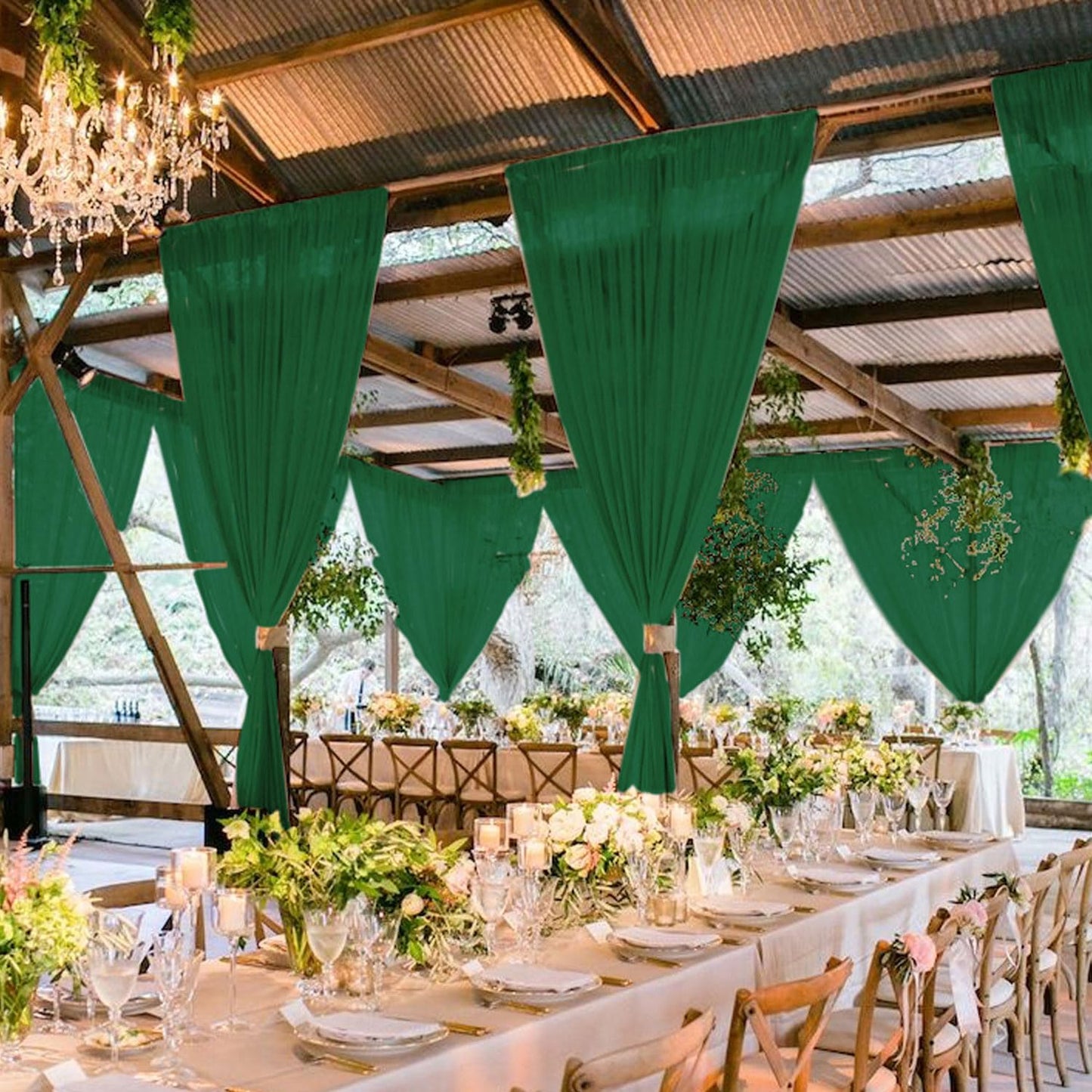 MODFUNS Ceiling Drapes for Parties Green Chiffon Ceiling Curtains 5x30FT 4 Panels Sheer Draping Fabric Tulle Curtain Drapery Elegant Arbor Ceiling Fabric for Bridal Baby Shower Party Tent Drapes