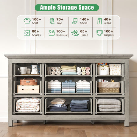 LGHM Dressers for Bedroom with 9 Drawers, 9 Drawer Dresser with Textured Borders, 58" W Chest of Drawers Closet Organizers and Storage Clothes - 6" Deep Drawer for Bedroom, Living Room,Gray LGHM