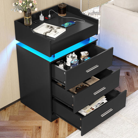 BTHFST LED Nightstand Set of 2, Large Night Stand with Charging Station, Bedside Table with Pull-Out Shelf and 3 Drawers, Modern End Table Side Table with Storage, Black BTHFST