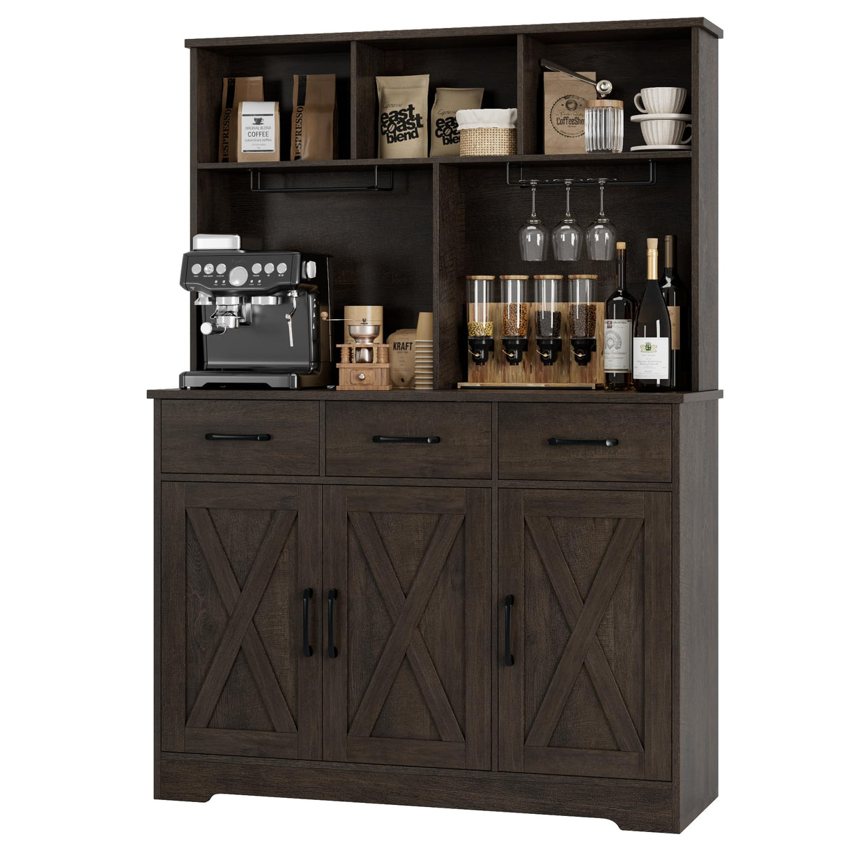 HOSTACK Buffet Cabinet with Hutch, Modern Farmhouse Kitchen Buffet Sideboard Storage Cabinet with 3 Drawers, Barn Door Coffee Bar Station, Liquor Cabinet for Dining Room, Living Room, Dark Brown HOSTACK