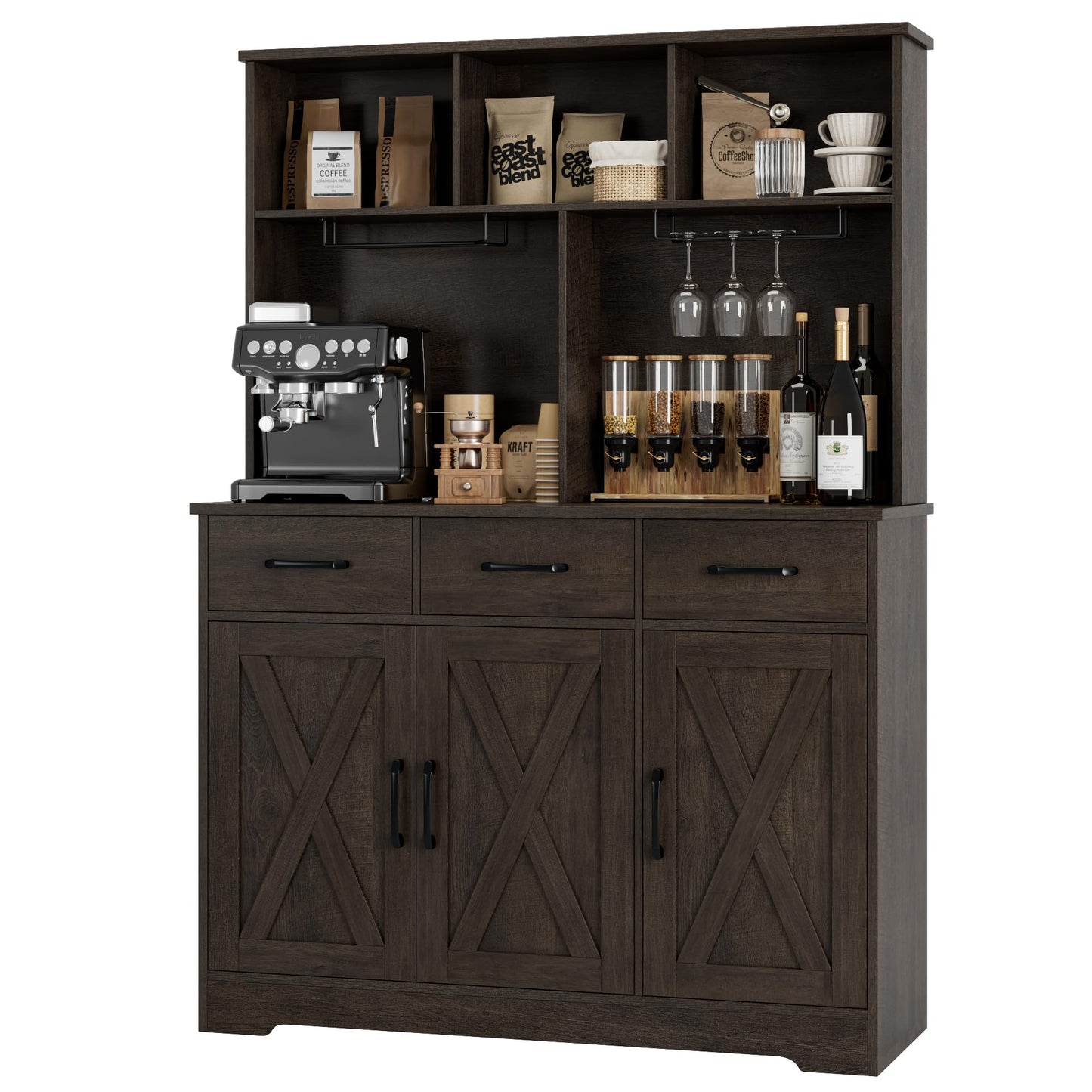 HOSTACK Buffet Cabinet with Hutch, Modern Farmhouse Kitchen Buffet Sideboard Storage Cabinet with 3 Drawers, Barn Door Coffee Bar Station, Liquor Cabinet for Dining Room, Living Room, Dark Br - WoodArtSupply