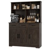 HOSTACK Buffet Cabinet with Hutch, Modern Farmhouse Kitchen Buffet Sideboard Storage Cabinet with 3 Drawers, Barn Door Coffee Bar Station, Liquor Cabinet for Dining Room, Living Room, Dark Brown HOSTACK