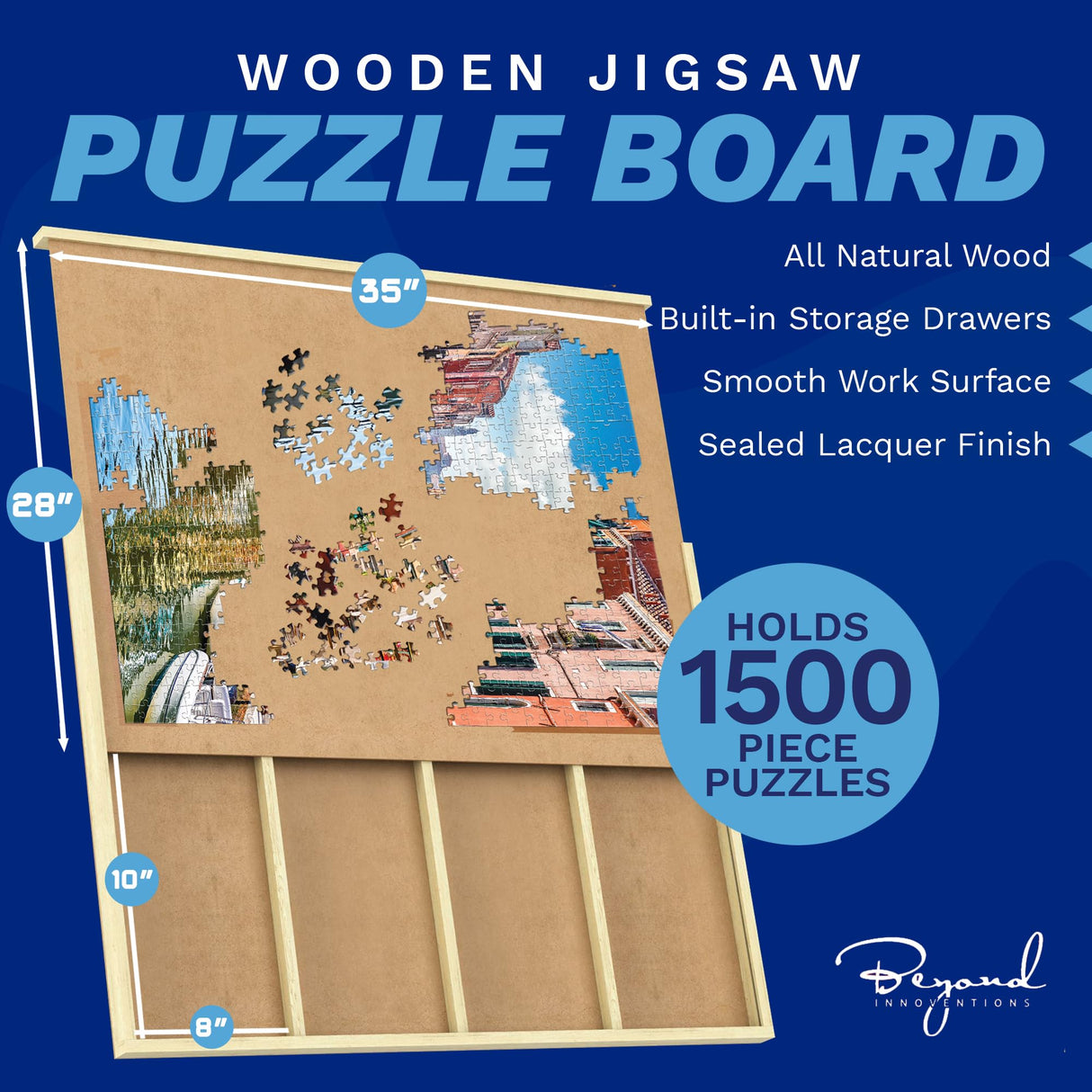 1500 Piece Wooden Jigsaw Puzzle Table - 4 Drawers, Rotating Puzzle Board | 35” X 28” Jigsaw Puzzle Board | Puzzle Cover & Lazy Susan Included - Portable Puzzles Tables for Adults and Kids Beyond Innoventions