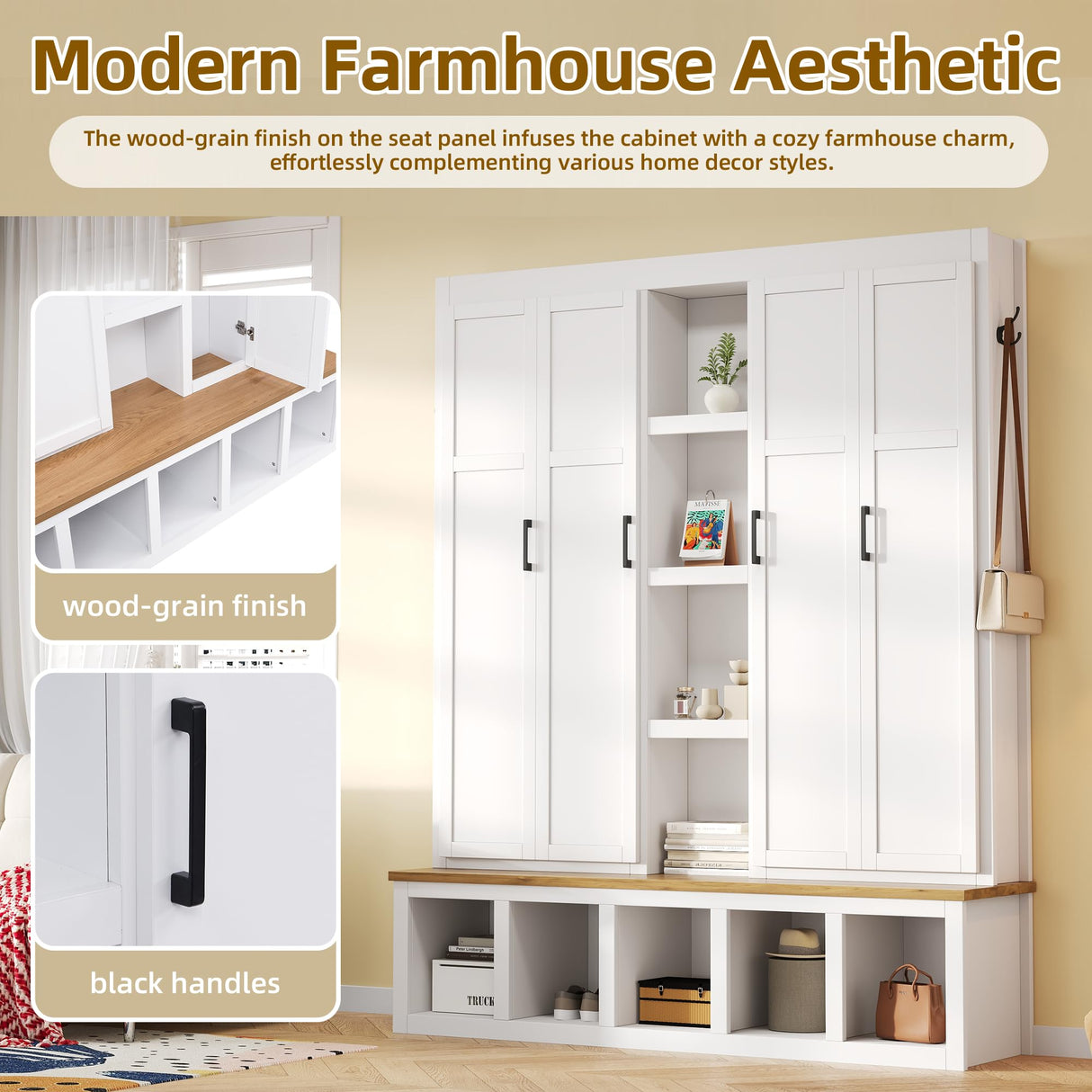 LUMISOL 4-in-1 Farmhouse Hall Tree with Wood Grain Bench and 8 Open Compartments, 62.9" Wide Entryway Bench with Storage Unit and 6 Hooks, Rustic Coat Rack for Hallway Living Room, White LUMISOL