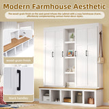 LUMISOL 4-in-1 Farmhouse Hall Tree with Wood Grain Bench and 8 Open Compartments, 62.9" Wide Entryway Bench with Storage Unit and 6 Hooks, Rustic Coat Rack for Hallway Living Room, White LUMISOL