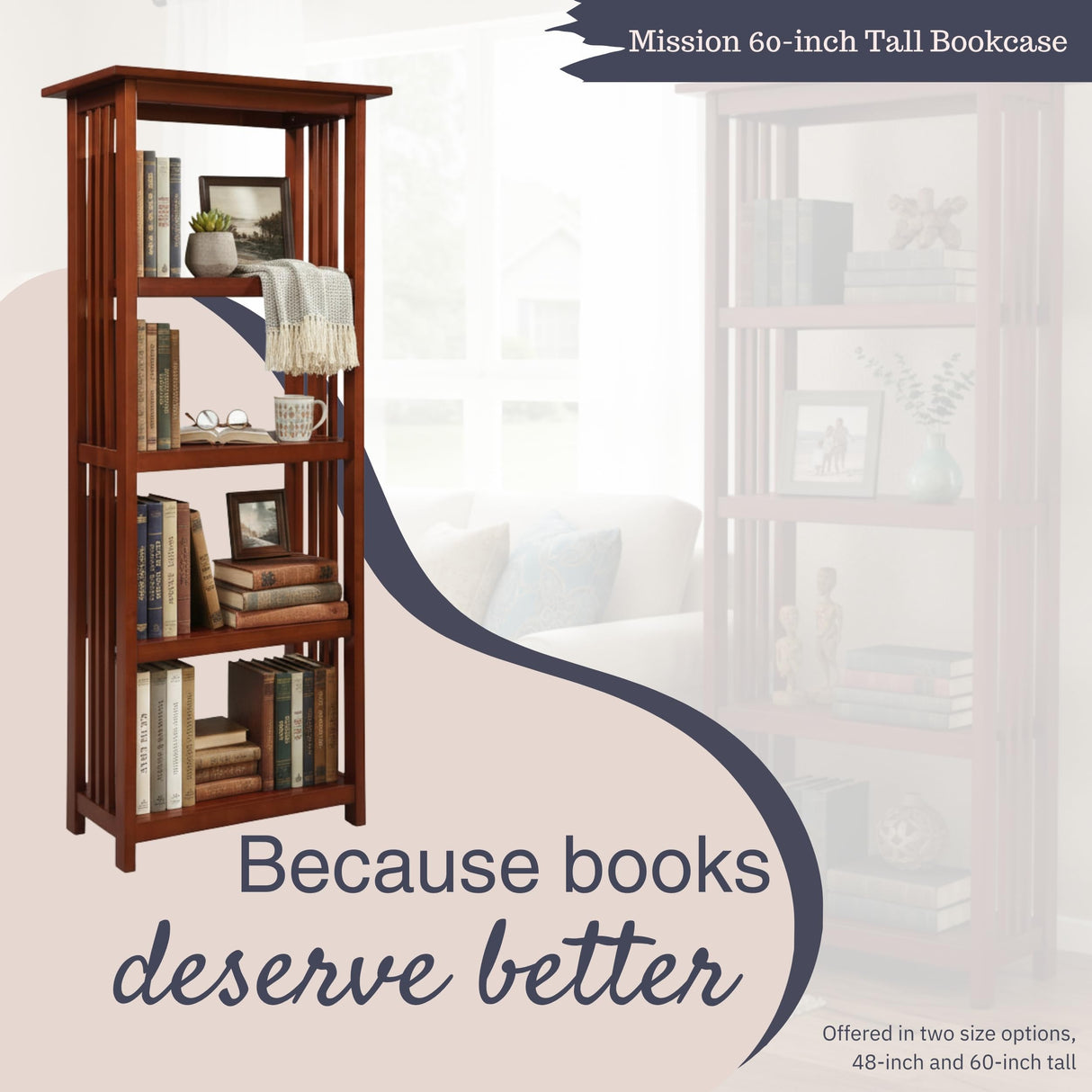 Mission 60-Inch Tall Wood Bookcase – 4-Tier Bookshelf with 2 Adjustable Shelves – Craftsman Style Vertical Storage for Living Room or Home Office by Alaterre Furniture (Cherry Finish) Alaterre Furniture