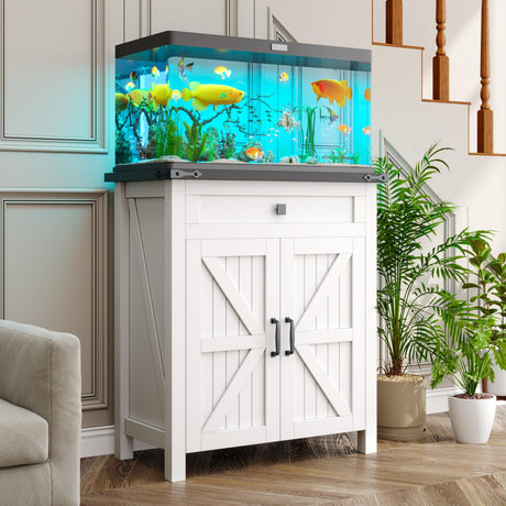 kepptory 20 Gallon Fish Tank Stand with Power Outlets, Farmhouse Decorative Aquarium Stand Furniture with Adjustable Shelves, 10-20 Gallon Reptile Turtle Tank Stand with Cabinet Storage (White, 20GL) kepptory