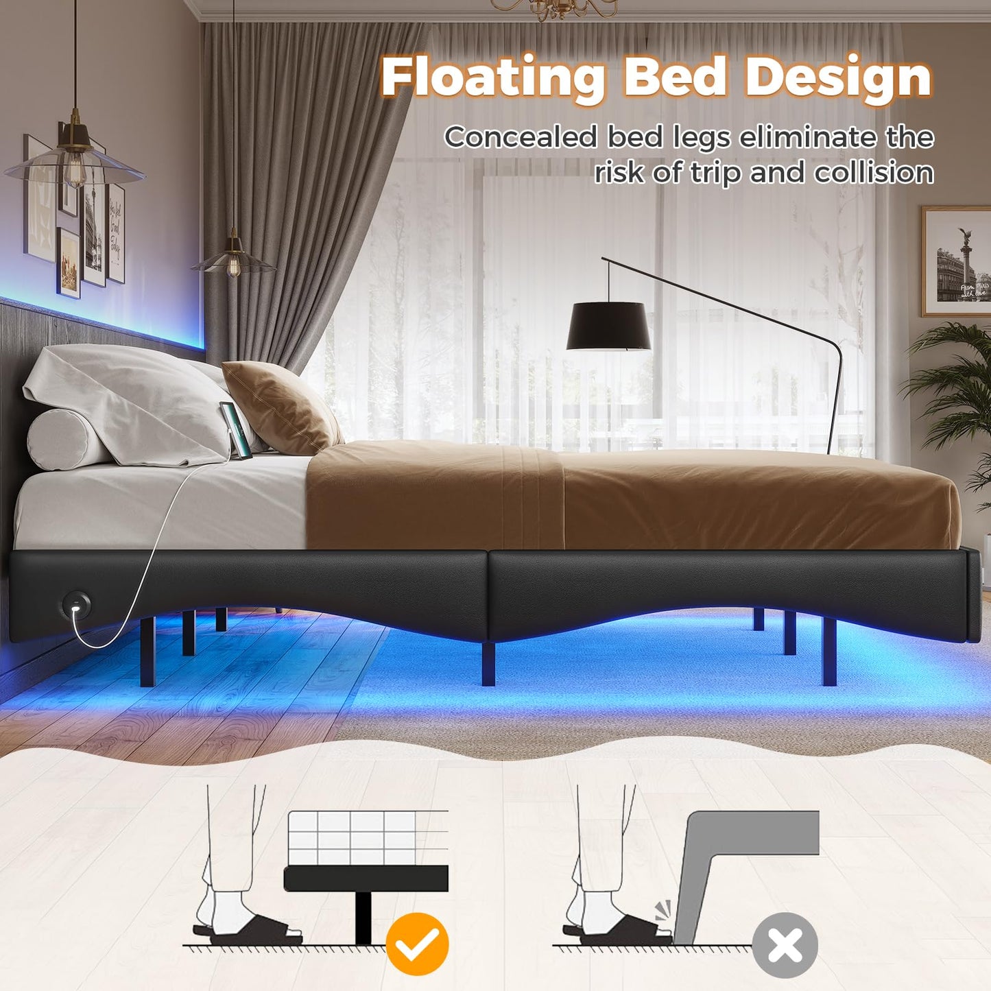 AOGLLATI Twin Floating Bed Frame with Built-in Charging Station & RGB LED Lights - Black - WoodArtSupply