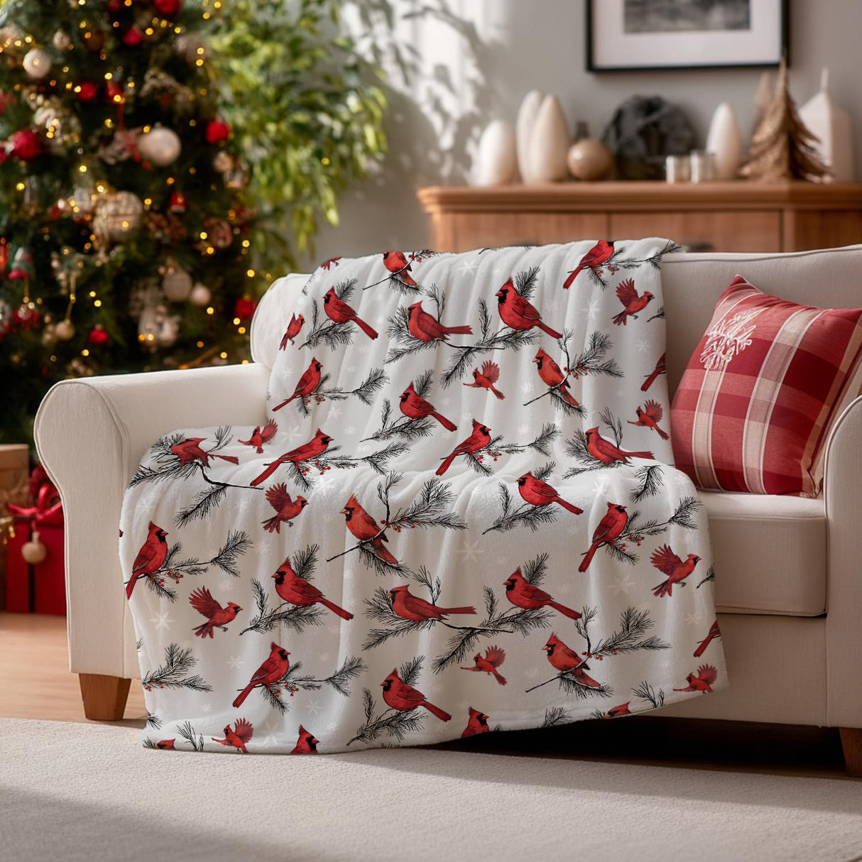 Horaldaily Christmas Flannel Blanket Throw, Cardinal Bird Pine Cone Soft Fuzzy Plush Cozy Fleece Blankets for Couch Sofa Bed Lounging, Ideal Gifts for Kids Adults Wife Self, 50x60 Horaldaily