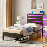 Rolanstar Bed Frame Twin Size with USB Charging Station, LED Bed Frame with Wood Storage Headboard, Black Metal Platform Bed with Under Bed Storage, No Box Spring Needed, Noise Free Rolanstar