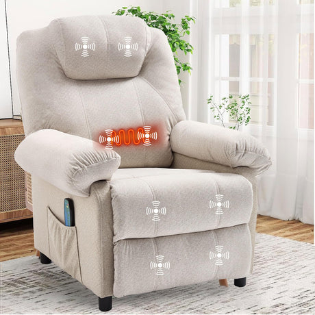 KCREAM Massage Chair Recliner with Heating,Recliner Chair for Adults,Small Recliners for Small Spaces Overstuffed Reclining Chairs Single Sofa Recliners with Side Pocket for Living Room,Fabric Beige KCREAM