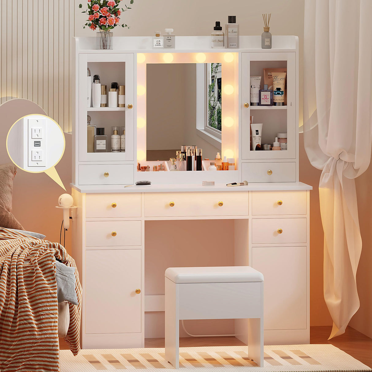 HUANLEGO Vanity Desk with Mirror and Lights, White Vanity Mirror with Lights Desk and Chair &7 Drawers, Cabinets Makeup Vanity Table with with Stool for Bedroom 3 Lights Mode and Brightness Adjusted HUANLEGO