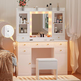 HUANLEGO Vanity Desk with Mirror and Lights, White Vanity Mirror with Lights Desk and Chair &7 Drawers, Cabinets Makeup Vanity Table with with Stool for Bedroom 3 Lights Mode and Brightness Adjusted HUANLEGO