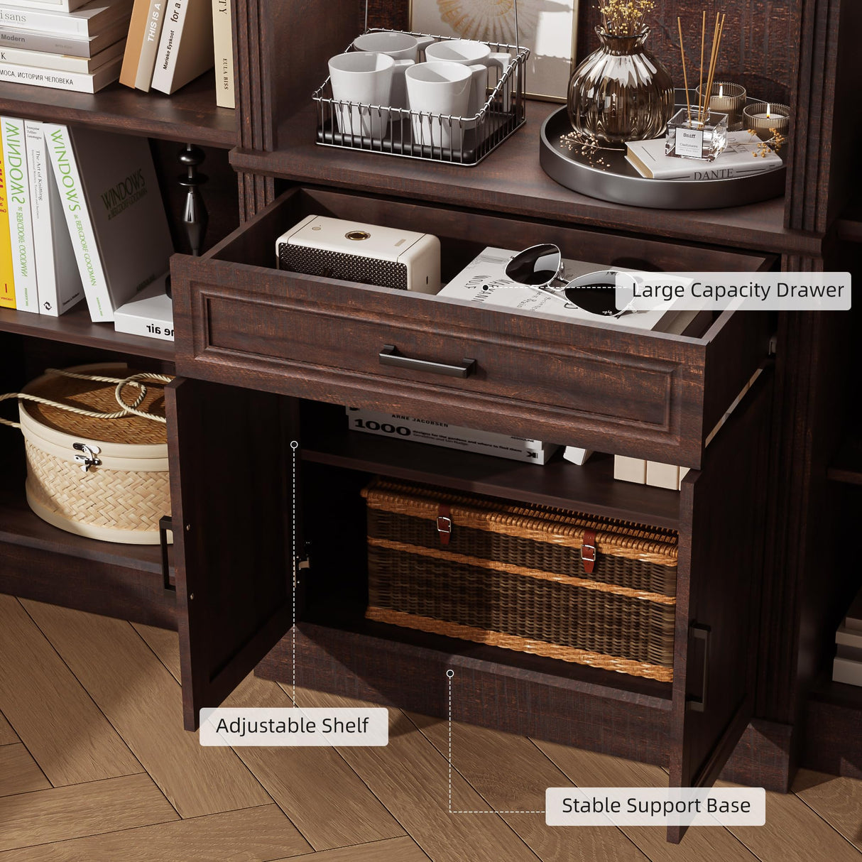 Spurgehom 70" Tall Bookshelves and Bookcases with Doors Large Bookshelf with Drawers, Farmhouse Bookcase with Storage Cabinet, Standing Display Storage Bookshelf for Home Office, Brown Spurgehom