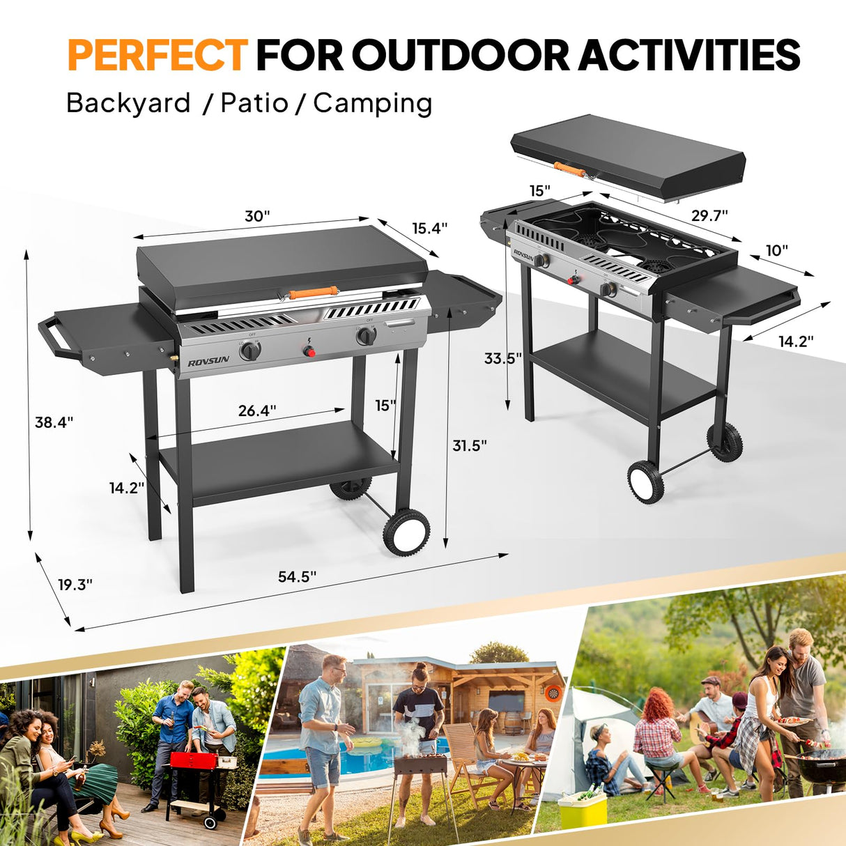 ROVSUN 2-in-1 Propane Stove & 30'' Griddle Combo with Ignition, 2 Burner 150,000 BTU Gas Stove & Grill with Side Shelves, Rolling Wheel & Regulator for Home Outdoor Backyard Camping Cooking Grilling ROVSUN