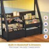 ADORNEVE Low Bunk Bed Twin Over Twin with Storage Bookshelves, 2 Drawers & Power Outlet, LED Metal Floor Bunk with Full-Length Guardrail & Metal Slats, No Box Spring Needed, for Kids, Black ADORNEVE
