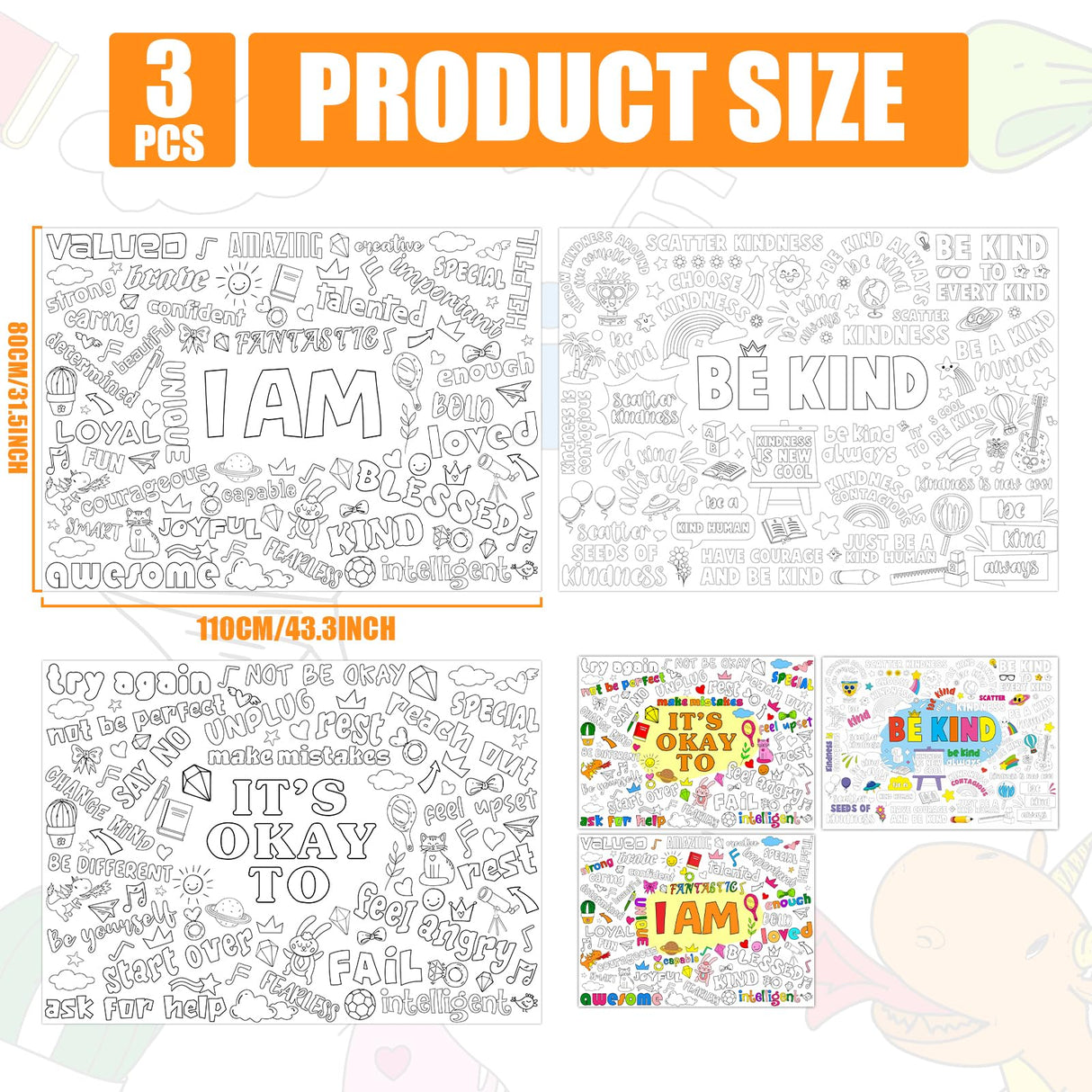 Set of 3 Jumbo Giant Coloring Poster Large Positive Coloring Tablecloths with I AM IT’S OK TO BE KIND Theme Inspirational Fun Coloring Banner for Classroom Home Activity Birthday Party Supplies Naozinebi