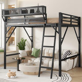 YHUBHSIS Queen Size Loft Bed with Ladder and Large Under-Bed Space, Black Metal Loft Bed with Storage Shelves, Heavy Duty Metal High Bedframe w/Safety Guardrails for Kids Teens (Black, Queen) YHUBHSIS