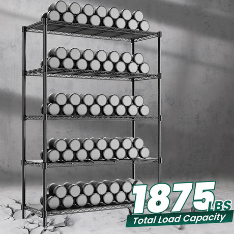 RackBro 48" W Storage Shelves 5-Tier Wire Shelving, 1875LBS Adjustable Metal Shelving with 5 Shelf Liners, Heavy Duty Steel Wire Rack for Garage Commercial Pantry Kitchen, 48" W x 18" D x 72" H, Black RackBro